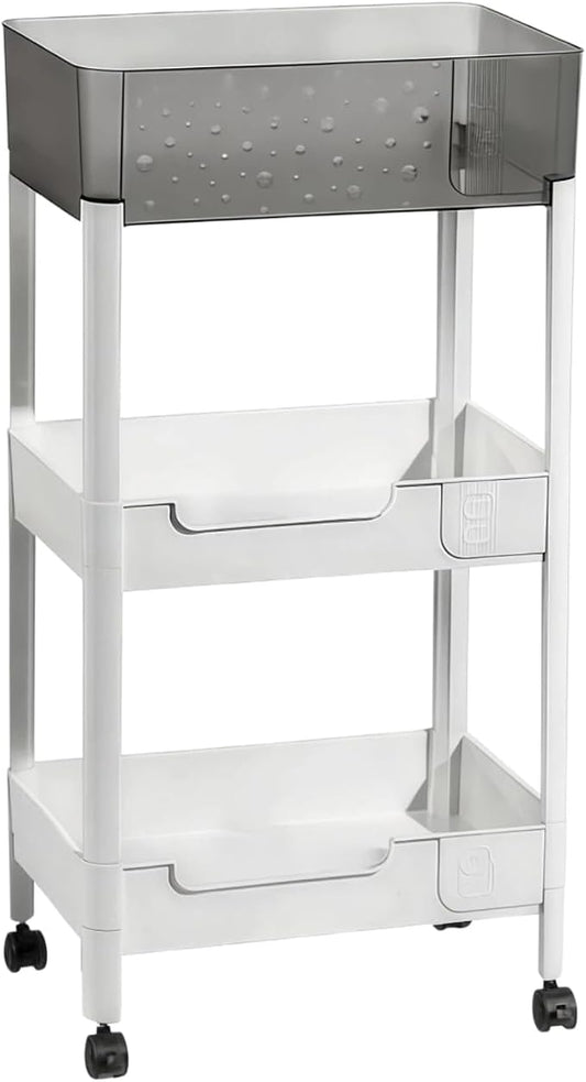 3 Tier Rolling Cart with Wheels 4.7'' Deep Baskets Bathroom Storage Shelf Heavy Duty Plastic Bedside Cart, Large Capacity Snack Stand Diaper Caddy Laundry Room Kitchen Organizer, White