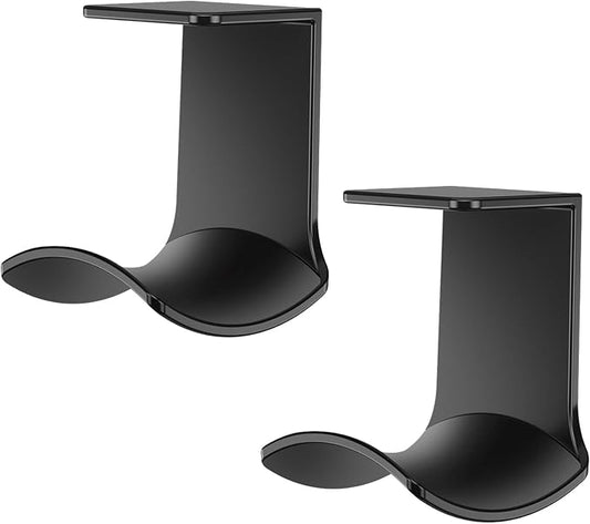 2-Pack Under Desk Headphone Hanger, Strong Adhesive Headset Holder Mount, Sticky Curved Hook Stand for PC Gaming Setup & Desk Organization, Universal Fit, Black
