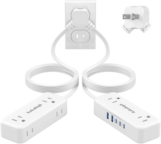 2 Prong Split Extension Cord 10FT (5FT on Each Side), Single Flat Plug Twin Extension Cord with 4 AC Outlets, 2 USB-A & 3 USB-C(24W/4.8A), for Polarized Two Prong Outlet, Old House, White