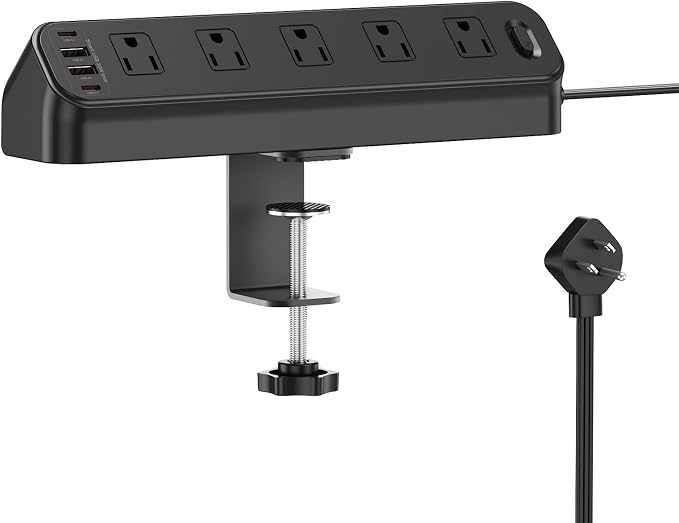 BEVA Desk Clamp Power Strip 6FT, Desk Edge Mount Extension Cord with 10 Outlets, 20W Fast Charging Station, PD 20W USB C Ports, Fit 1.96" Tabletop Edge, Etl List