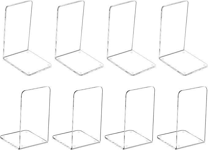 MerryNine 8 Pcs Plastic Acrylic Bookends, Clear Acrylic Non Skid Book Ends Organizer Bookshelf Decor Decorative Bedroom Library Office School Supplies Stationery Gift (7.08"x4.72"_4 Pairs)