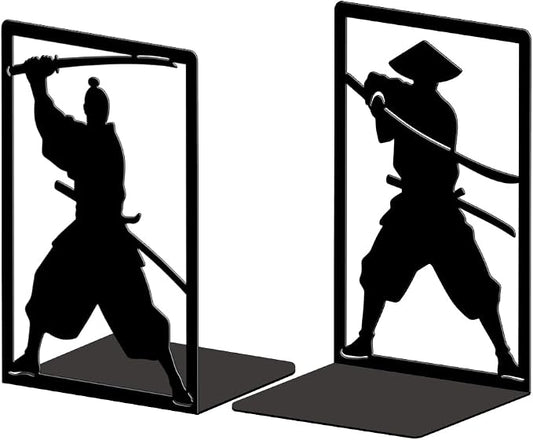Peacoblue Metal Bookends for Shelves, Modern Decorative Heavy Duty Study Book Ends Stoppers for Office, Desk, Shelf, Room 5.3"x4.3"x7.9" Cast Iron Simple Tall Bookends 1 Pair (Japanese Samurai)
