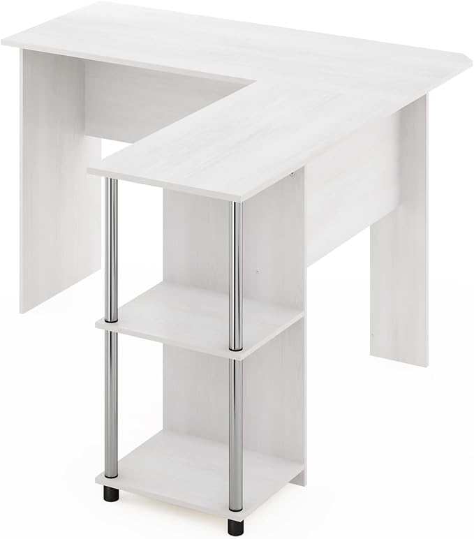 Furinno Abbott L-Shape Computer Desk with Stainless Steel Tubes Bookshelf, White Oak/Chrome