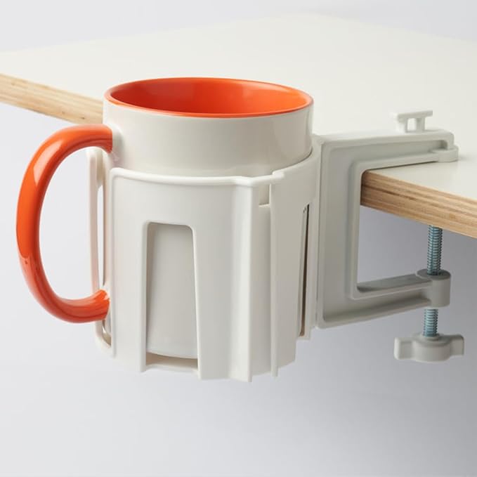 Original Large Desk Cup Holder Clamp White | Anti-Spill Mount, Multi-Directional Drink Holder, Headphone Hanger, For Table, Desks, Office & Gaming Setup