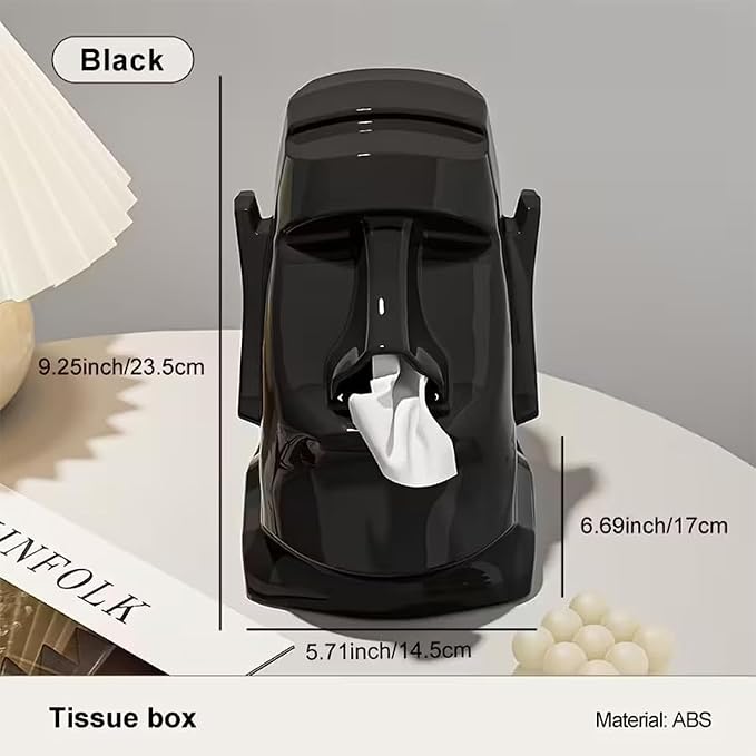 Creative Moai Tissue Box Holder with Headphone Holder, Suitable for Living Room, Bedroom and Other Desktop Storage Boxes, Green,Cream White, Black. (Black)