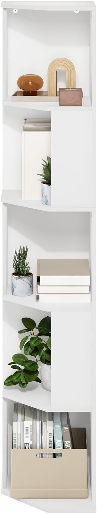 Furinno ECON Corner Shelf, 5-Tier Corner Book Shelf, Standing Storage Shelves, Cube Display Rack, Bookshelf, for Organization and Storage, Living Room, Home Office, White
