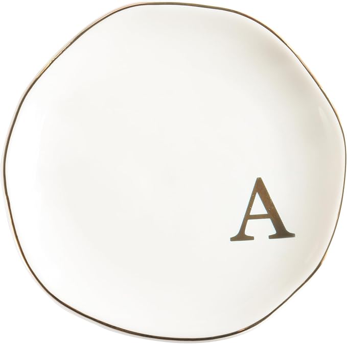 Ceramic Jewelry Tray Ring Dish Personalized A-Monogrammed Engagement Wedding Gifts, for Birthday Mother's Day for Women, Ceramic White 4.75"" (A)