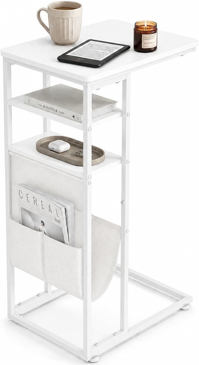 C Shaped End Table 28"(H) 3-Tier C Table with Storage Bag, Under Couch Table C-Shaped End Table with Storage Shelves and Bag for Living Room, Bedroom, or Office
