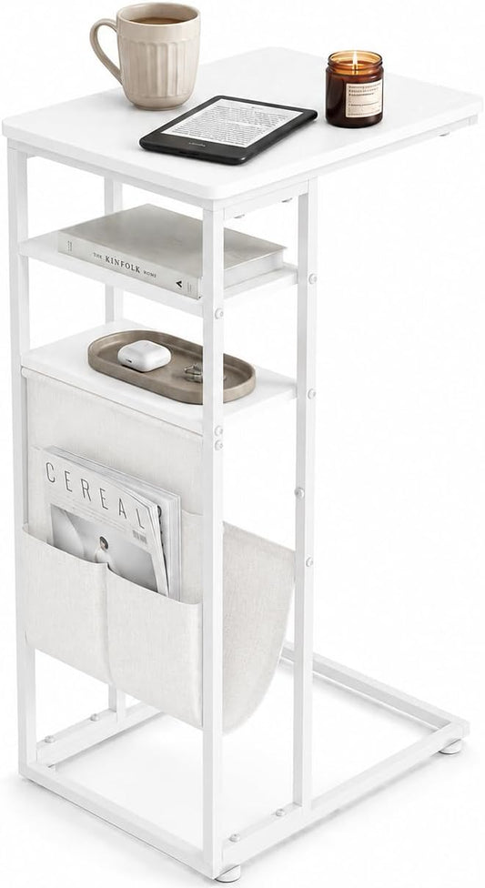 C Shaped End Table 28"(H) 3-Tier C Table with Storage Bag, Under Couch Table C-Shaped End Table with Storage Shelves and Bag for Living Room, Bedroom, or Office