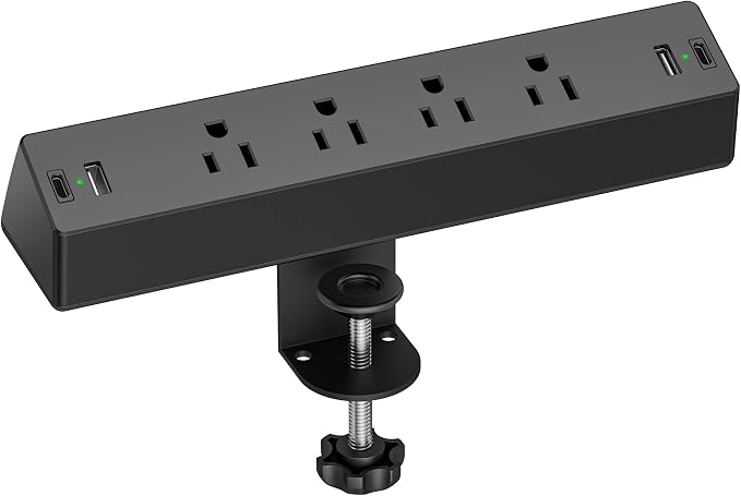 Desk Clamp Power Strip, Flat Plug Fast Charging Station, Desk Mount Surge Protector with PD 20W USB C Ports, Fit 1.7 inch Tabletop Edge Thick, Desktop Outlets for Home Office.