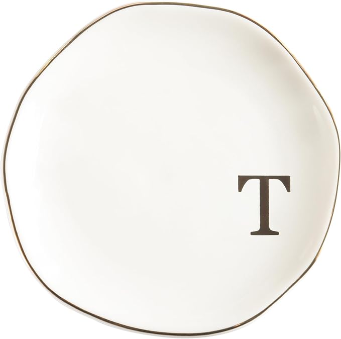 Ceramic Jewelry Tray Ring Dish Personalized T-Monogrammed Engagement Wedding Gifts, for Birthday Mother's Day for Women, Ceramic White 4.75" (T)