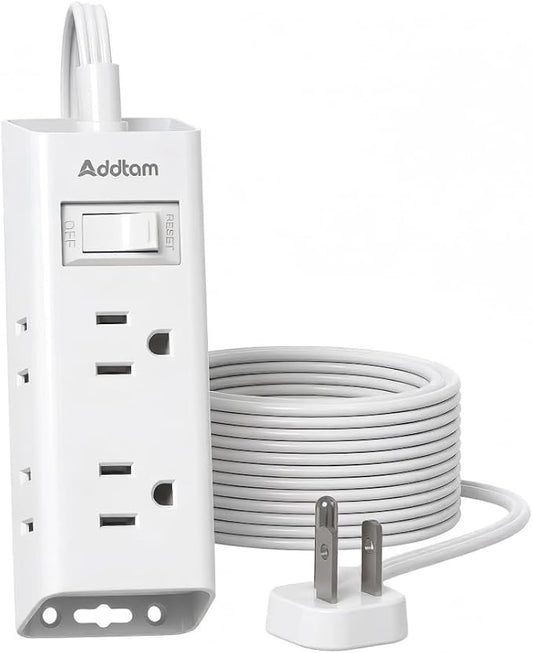 Addtam Flat Plug Power Strip with 6 Outlet Extender, 15 FT Extension Cord Flat Wall Plug with Multiple Outlets, No Surge Protector for Cruise Ship, Travel, Dorm, Home Office, Cruise Essentials, White