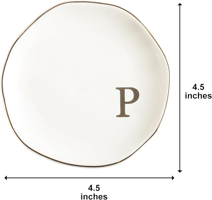 Ceramic Jewelry Tray Ring Dish Personalized P-Monogrammed Engagement Wedding Gifts, for Birthday Mother's Day for Women, Ceramic White 4.75" (P)