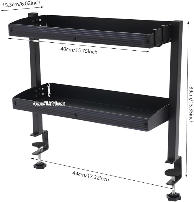 2-Tier Clamp-on Desk Shelving Unit, Adjustable Metal Storage Tray, Space-Saving Desktop Organizer for Gaming, Office Supplies, Monitor Stand, Dresser Top Storage, Ideal for Home Office, Study,