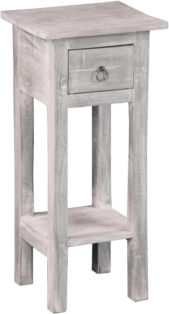 HomeStock Two-Tier Side Table with Drawer - Fully Assembled Narrow End Table Distressed Light Gray