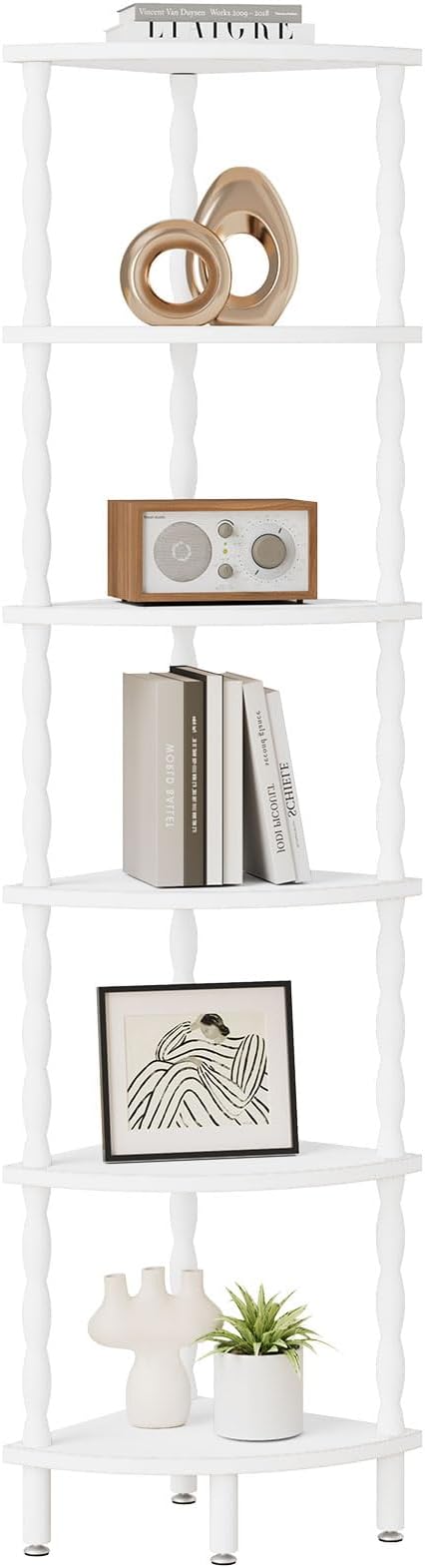 IBUYKE 6-Tier Corner Shelf,Stylish Corner Bookshelf for Small Spaces,Industrial Corner Storage Display Shelves,Small Corner Table for Bedroom,Bathroom,Kitchen, White WBC021W