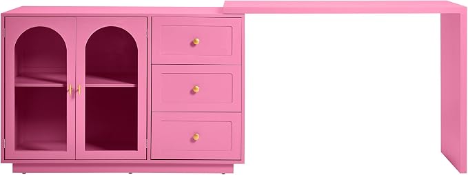 FansaFurn 83" 3-in-1 Vanity Table with 3 Drawers & 2 Doors, Extendable Makeup Vanity Desk, Morden Dressing Table for Bedroom, Dressing Room, Pink