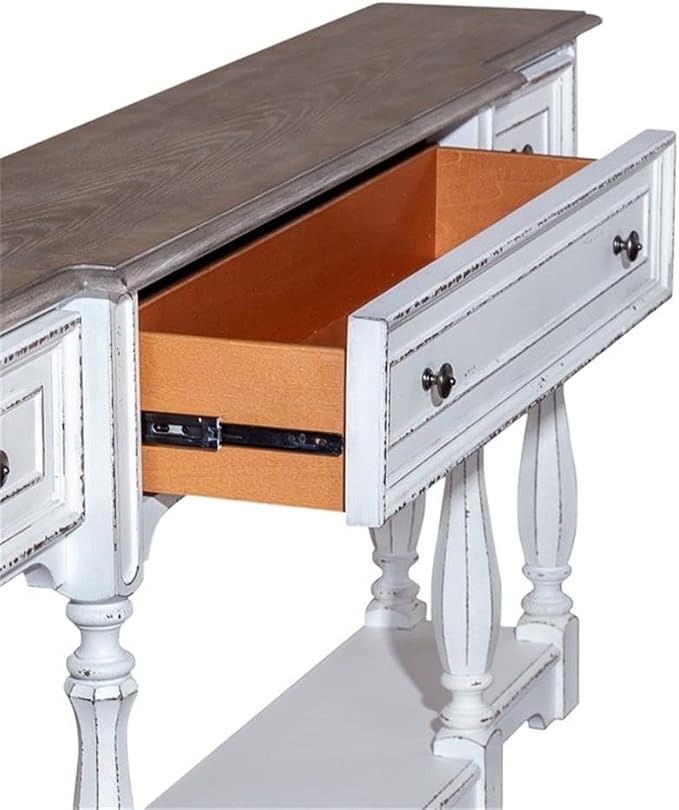 BOWERY HILL 72-Inch Console Table, Poplar Solids with White Oak and Birch Veneers, Antique White Finish, Weathered Brown Whitewash Top, 3 Drawers, Bottom Shelf, Traditional Hall Table for Storage