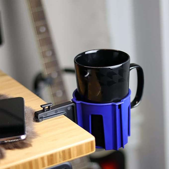 Original Large Desk Cup Holder Clamp Blue | Anti-Spill Mount, Multi-Directional Drink Holder, Headphone Hanger, For Table, Desks, Office & Gaming Setup, Blue