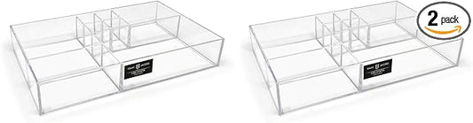 Isaac Jacobs 8-Compartment Clear Acrylic Drawer Organizer (13" L x 8.1" W x 2.3" H), Multi-Sectional Tray & Storage Solution for Makeup, School & Office Supplies, Bathroom, Kitchen (Pack of 2)