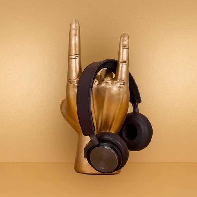 Luckies Headphone Stand - Headphone Holder - Rock On Hand - Headset Stand - Mens Jewellery Holder - Mens Desk Accessories - Controller Holders - Guitar Accessories - Desk Tidy - Dad Rock Gifts - Gold