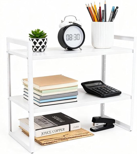 2 Tier Metal Desk Shelf Organizer, Height Adjustable Countertop Shelf for Study Room, Home Office, Multipurpose Storage for Books, Files, Stationery and Desk Essentials