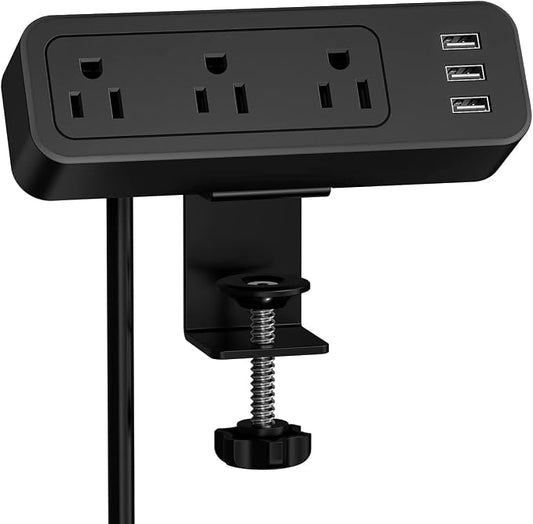 Desk Power Strip JSVER Desk Clamp Power Strip, Desk Mount USB Charging Power Station, Desk Multi-Outlets, 3 AC Outlets 6.5 ft Extension Cord Desktop Charging Clamp for Home Office Workshop