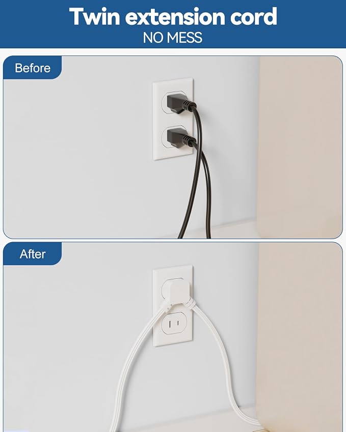 2 Prong Split Extension Cord 10FT (5FT on Each Side), Single Flat Plug Twin Extension Cord with 4 AC Outlets, 2 USB-A & 3 USB-C(24W/4.8A), for Polarized Two Prong Outlet, Old House, White