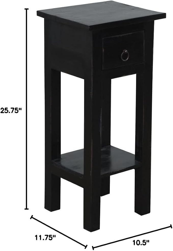 HomeStock Two-Tier Side Table with Drawer - Fully Assembled Narrow End Table Distressed Black