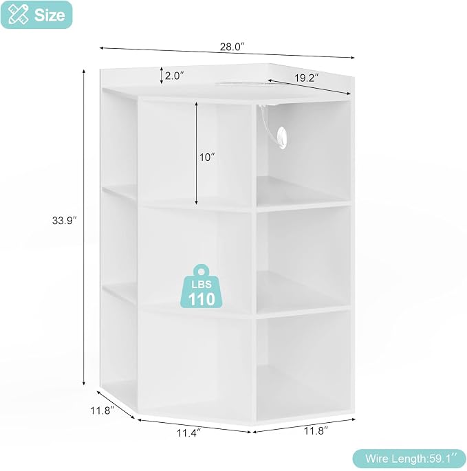 HedoAjim Corner Cabinet, Corner Storage Shelf with USB Ports and Outlets Industrial Organizer for Small Space Wooden 9-Cubby Bookshelf for Study, Playroom, Living Room (White)