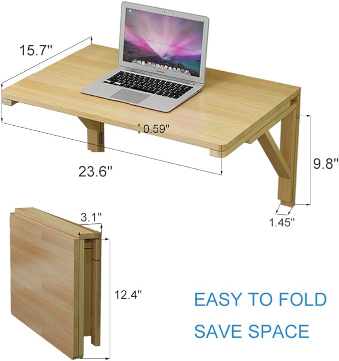 MM MELISEN Solid Wood Wall-Mounted Folding Table in Natural, 23.6" D x 15.7" W. A Space-Saving fold-Down Desk, Ideal for Laundry Rooms, Kitchens, Home Offices, or as a Kids' Study Desk