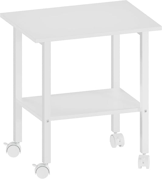 2 Tier Printer Stand with Storage, Under Desk Printer Table, Space-Saving Printer Table with Locking Wheels, Rolling Printer Cart for Home Office, White