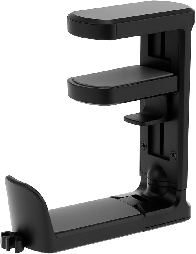 2pcs Under Desk Headphone Hanger Holder Utility Hook 360° Rotating Adjustable Clamp-on Earphone Hook Holder Mount Cable Clip Organizer Fit for PC Gaming Office Headset Hanger Gift (Black)