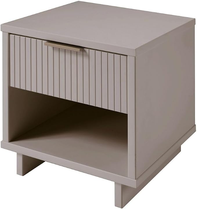 Manhattan Comfort Granville Modern Nightstand 1.0 with 1 Full Extension Drawer, Sled Legs, and Gold Accent Metal Handle, Bedside End Table for Bedroom or Living Room in Light Grey