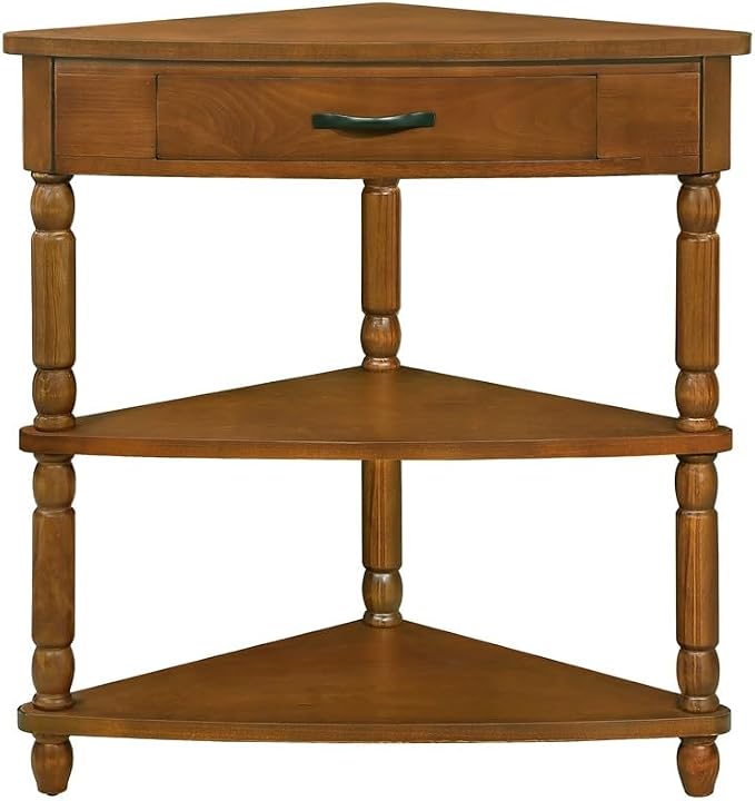 3-Tier Corner Display Rack Small Corner Table Wood Triangle Side Table with Drawer & 2 Open Shelves Multipurpose Shelving Unit for Living Room Bedroom (Brown)