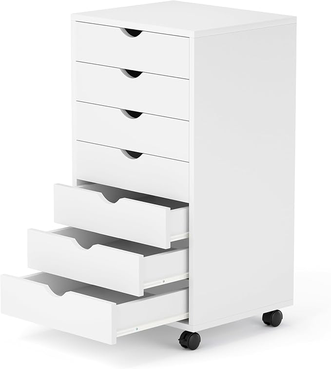 7 Drawer Mobile File Cabinet Under Desk Storage Organization with Wheels Vertical Filing Chest Rolling Wood Small Desk Printer Stand for Home Office, White