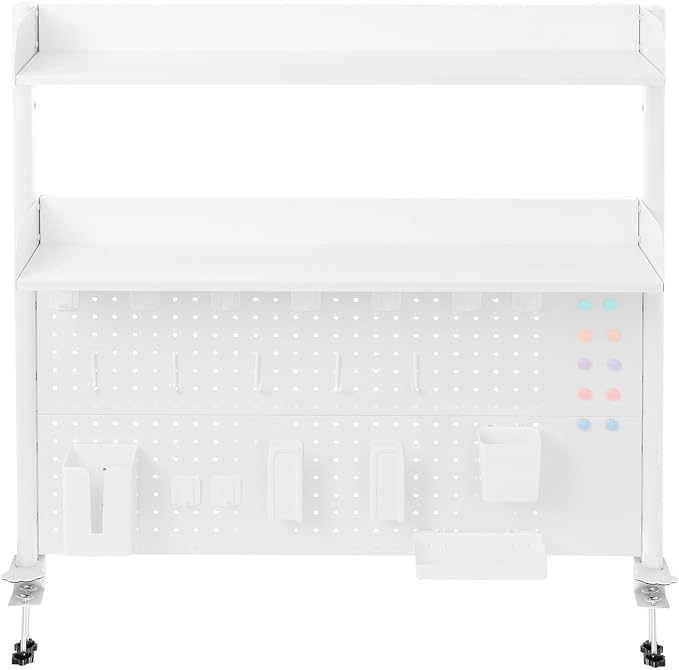 Clamp-On Pegboard Desk Organizer, 2-Tier Clamp On Desk Shelf with Hooks, Office Accessory Organizer for Books, Office Supplies & DIY Storage, 16.5lbs Capacity, 39.37" x 37.4", White