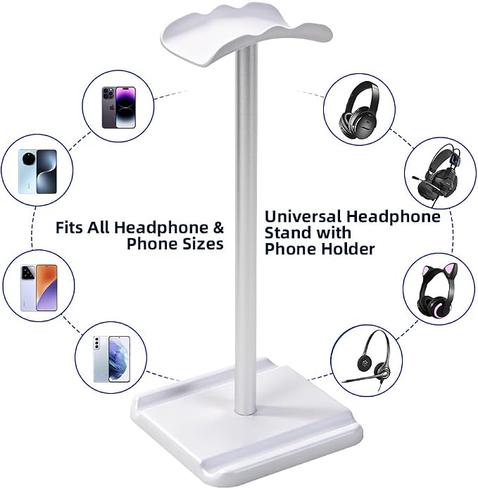 Headphone Stand, Headset Holder with Phone Holder for Desk Office Gaming, TPU-Padded Headrest, Aluminum Pole, Anti-Slip ABS Base, Universal Earphone Stand, 2 Pack White