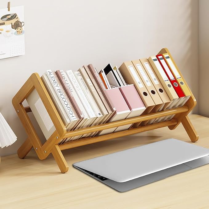 Wood Tilting Bookcase in Living Room/Home/Office, Desktop Book Shelf Organizer Bookshelves Storage Rack for CDs/Magazine/Books Display (Yellow, 19.68"-L)