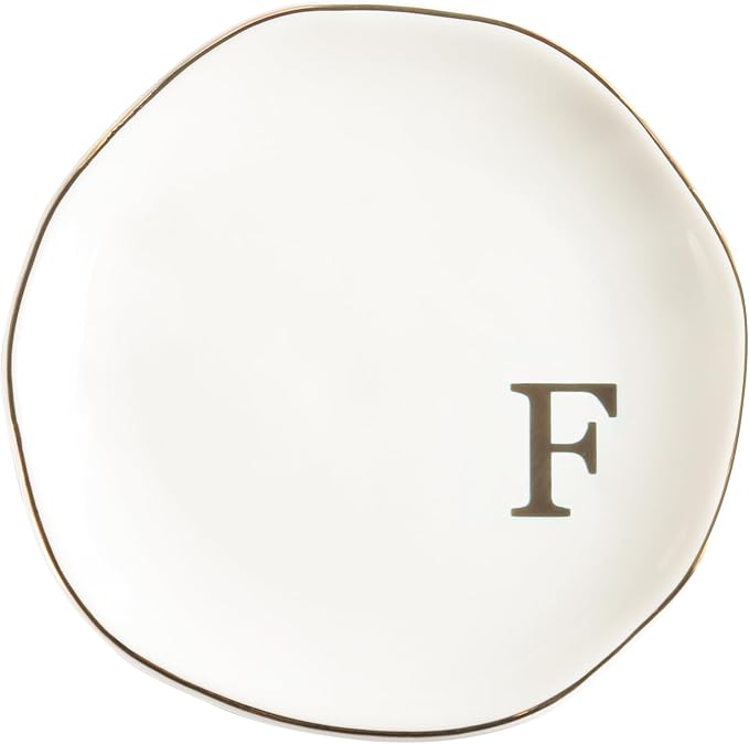 Ceramic Jewelry Tray Ring Dish Personalized F-Monogrammed Engagement Wedding Gifts, for Birthday Mother's Day for Women, Ceramic White 4.75" (F)