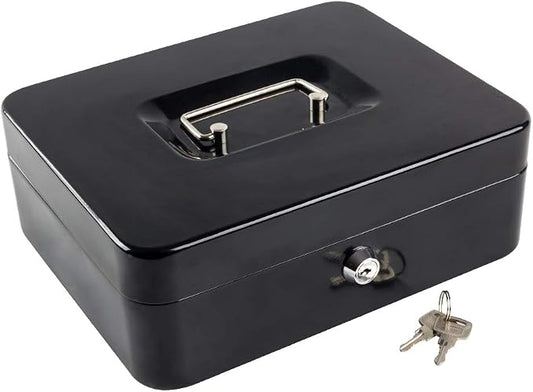 KYODOLED Metal Cash Box with Money Tray and Lock,Money Box with Cash Tray,Cash Drawer,11.81"x 9.45"x 3.54" Black X Large