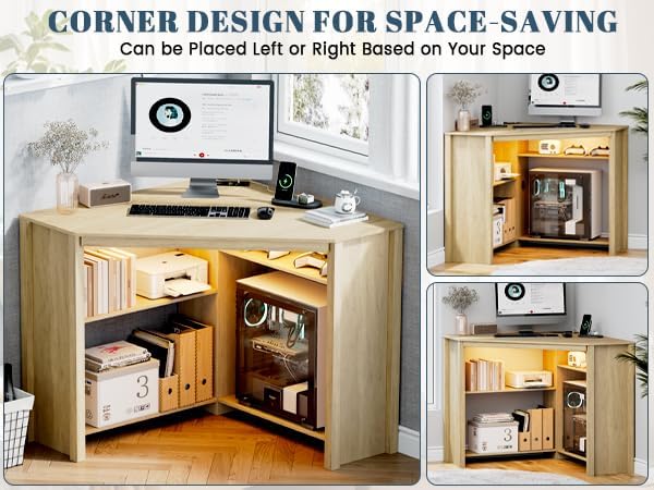 Corner Desk with Charging Station & LED Light, Triangle Corner Desk with CPU Stand & Storage Shelves, Gaming Computer Desk for Home Office