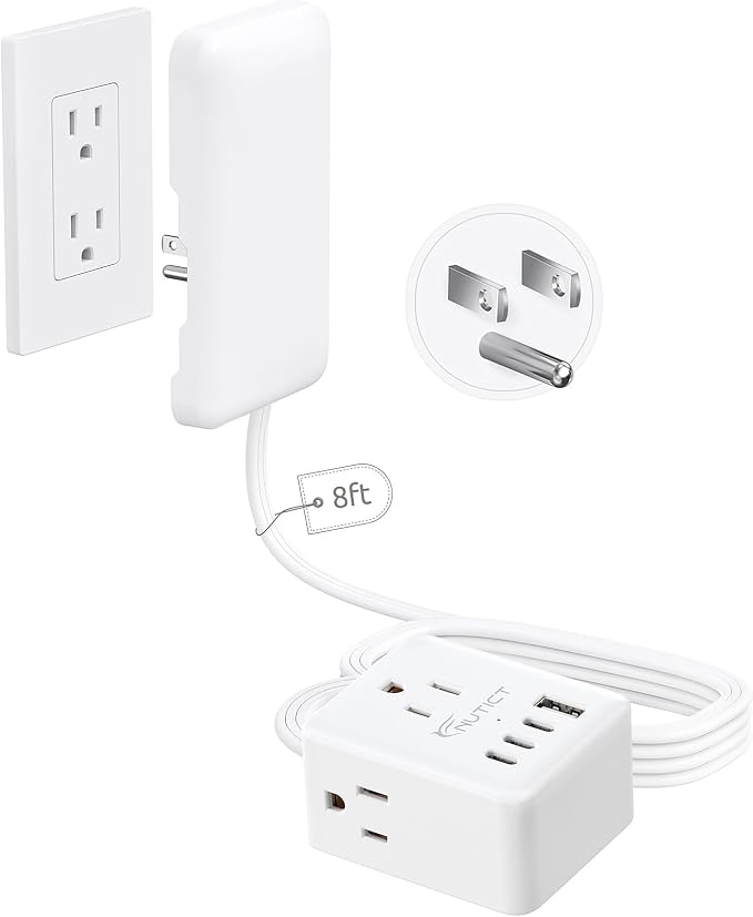 NUTICT 8FT Extension Cord with Ultra-Thin Outlet Cover, Flat Plug Power Strip with 3 Outlets & 3 USB-C & 1 USB-A Port, Wall Mountable, Hide Bulky and Messy Cords Behind Furniture Tight Spaces, White