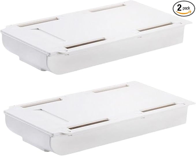 Under Desktop Drawer Storage Box, 2 Pcs 8.7 Inch x 4.3 Inch x 1.37 Inch White Plastic for Home and Office Storage (Small)