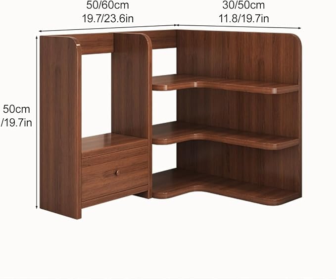 Desktop Shelf Organizer Corner Bookshelf, Computer Desktop Bookshelf Storage Rack for Desk Top, Wooden Desk Storage Hutch with Drawer, 3 Tier Desktop Organizer Shelf(Brown,50+30CM/19.7+11.8IN)