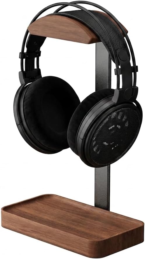 Walnut Headphone Stand - Solid Wood Universal Headset Holder, Premium Desktop Accessory for Gaming, Office & Streaming (Walnut Rectangular Base)