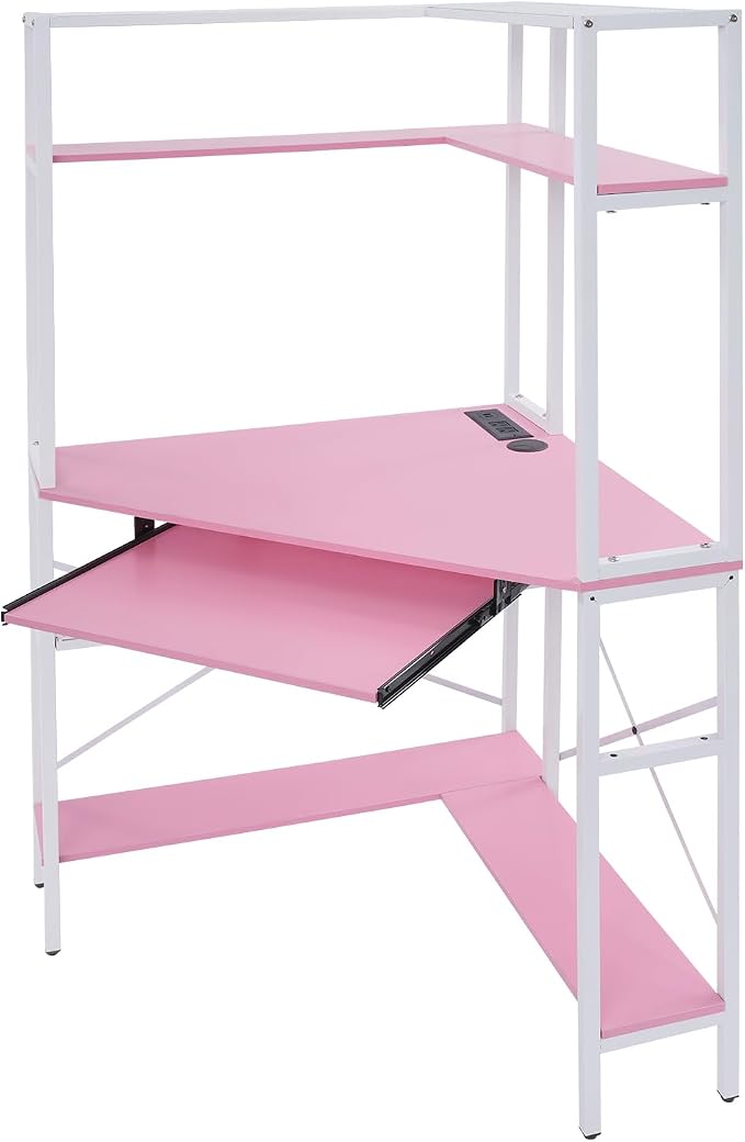 Corner Desk, Triangle Corner Computer Desk with 2 USB Ports and 2 AC sockets, Small Computer Desk with Hutch and LED Lights ComputerDesk for Small Space, Home Office Desk, Pink