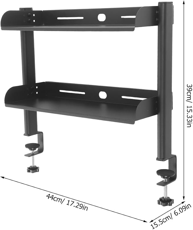 NUOBESTY Clamp On Desk Shelf, 2-Tier Metal Desktop Storage Organizer | Heavy duty black space saver. No-drill attachable hutch for gaming setup, college dorm & home office. Cable routing slots.