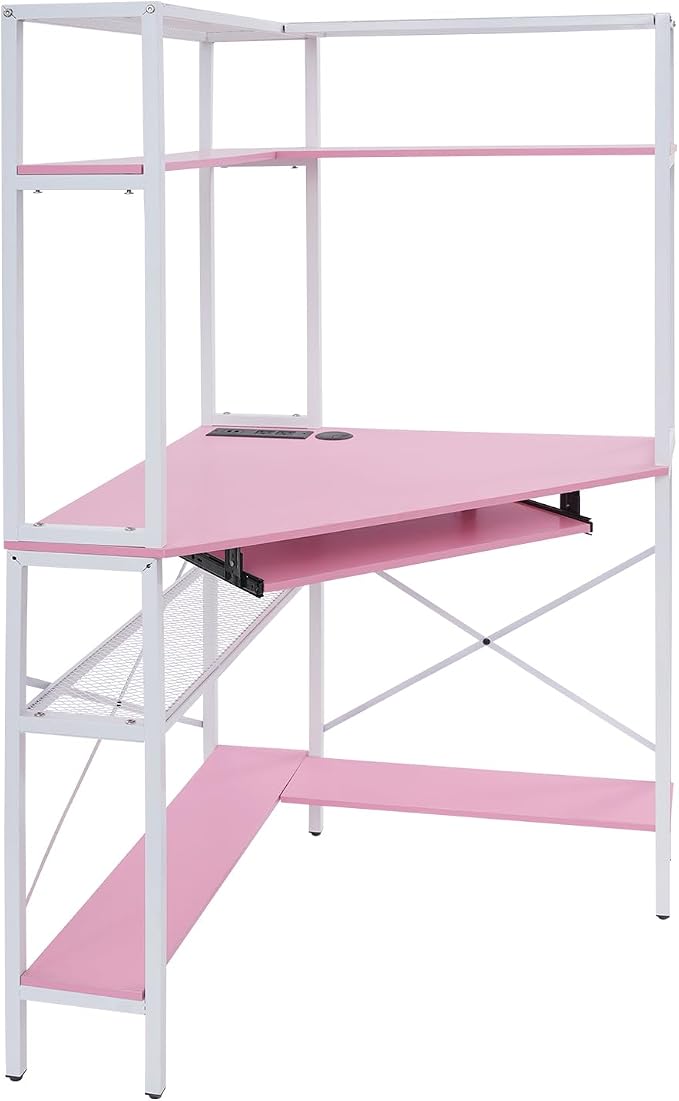 Corner Desk with Hutch, 90 Degrees Triangle Computer Desk w/Keyboard Tray & Bookshelves for Small Space Space Saving Writing Desk w/Storage Shelves for Bedroom Apartment (Pink)