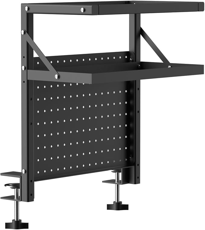 Adjustable 2-Tier Clamp on Desk Shelf with Pegboard, Side Table Extender Shelving Unit for Table Accessories,Desk Storage Shelves Desktop Organizer for Working and Gaming Accessories